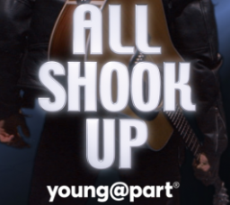 All Shook Up Young@Part text over man with guitar and leather jacket