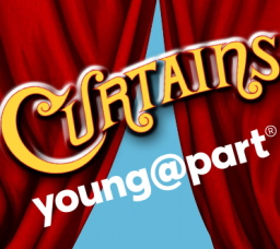 Curtains Young@Part Thumbnail Yellow text over red curtains and blue background