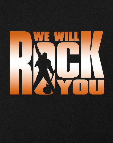 Queen's We wWill Rock You musical logo, bright orange type on black